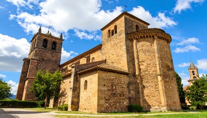 Medieval stone church with a tall bell tower and Romanesque architectural features, under a blue sky