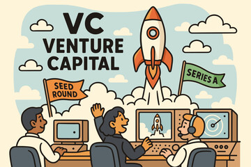 Rocket-Powered Brand Launch. Cartoon-style VC brand promotion with rocket launch, funding round flags, and mission control visuals