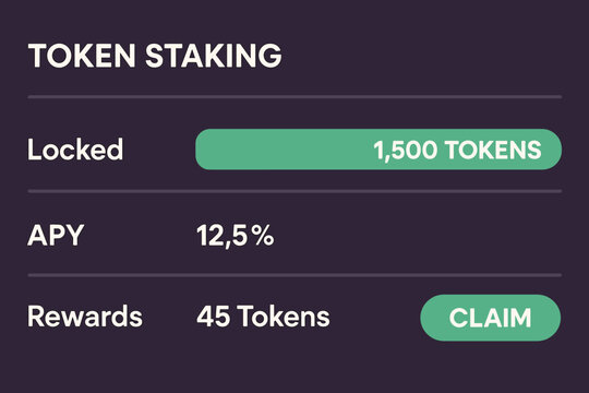 Token Staking Platform. Horizontal layout of token staking platform showing locked balances, APY values and reward claim animation
