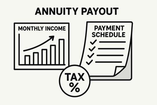 Annuity Payout Overview. Vector composition of annuity payout plan — monthly income chart, payment schedule, and tax