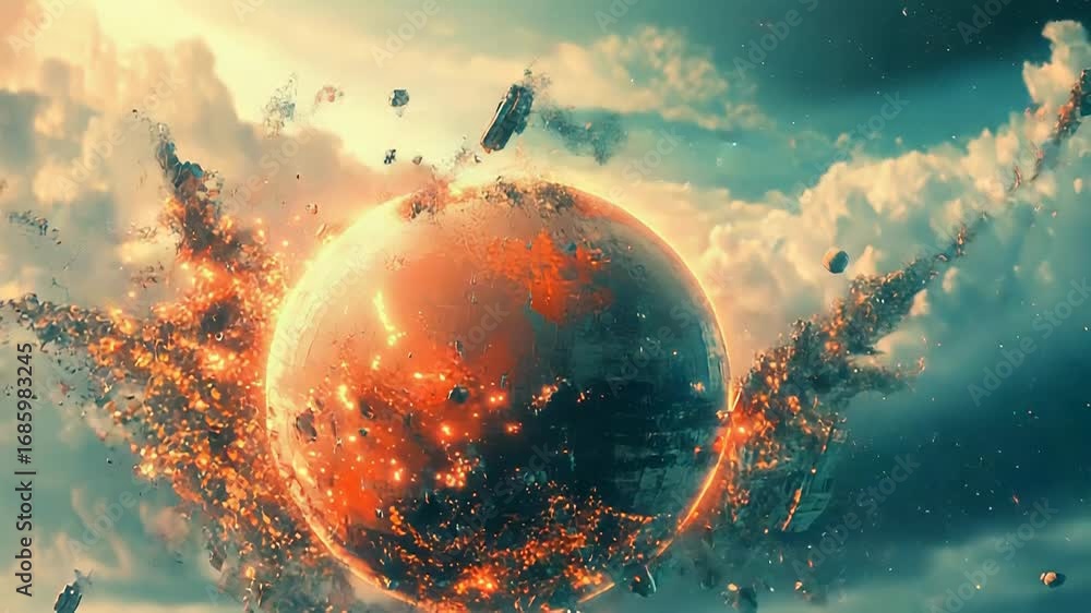 Poster exploding planet showing destruction after meteor impact in outer space