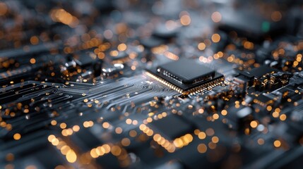 A macro shot of a circuit board reflecting a dynamic visualization of carbon offsets and blockchain technology merging industrial innovation and ecological responsibility within MES