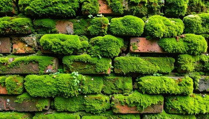 Close-up of a textured brick wall densely covered with vibrant green moss, showcasing natural decay