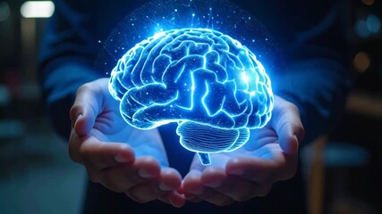brain hologram glowing with neural connections held in human hands futuristic design with network pattern digital technology - Powered by Adobe