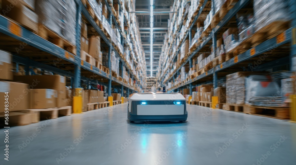 Poster medium shot of an autonomous robot navigating warehouse aisles focusing on scanning floor inventory 