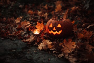 Spooky Jack-o'-lantern glowing amongst autumn leaves with a small candle light