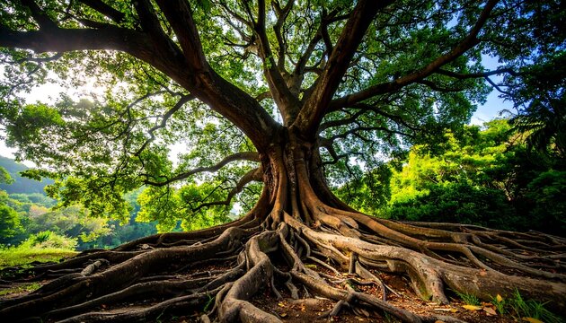 Lush, sprawling ancient tree with extensive roots. Sunlight filters through the dense canopy