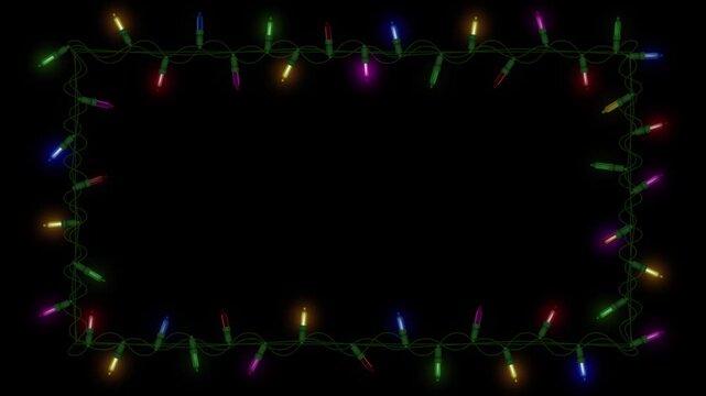 christmas lights animated frame. christmas border with colorful lightbulbs on black background