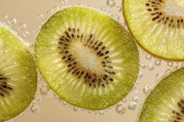 Close-up of sliced golden kiwi fruit with refreshing bubbles in water