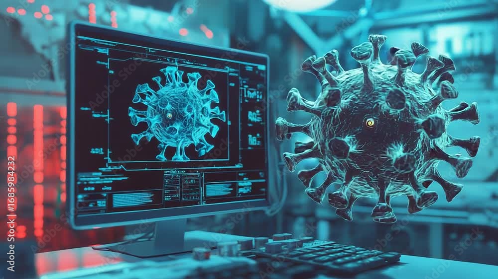 Poster scientists studying 3d model of coronavirus on computer in laboratory