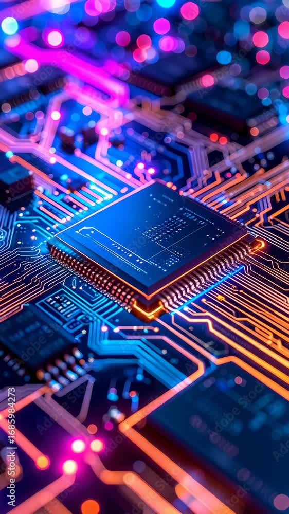 Poster macro shot of computer circuit board with processor, glowing pink and orange data pathways, and abst