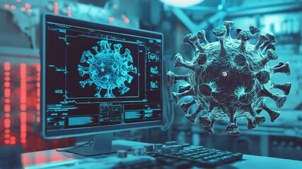 Scientists studying 3d model of coronavirus on computer in laboratory - Powered by Adobe