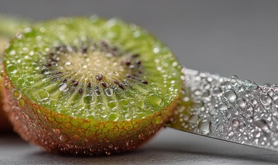 Close-up of a refreshing kiwi fruit sliced in half, glistening with water droplets