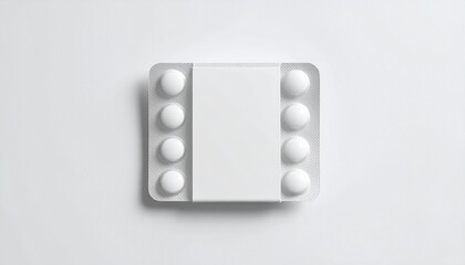 White blister pack of pills with blank label on white background.