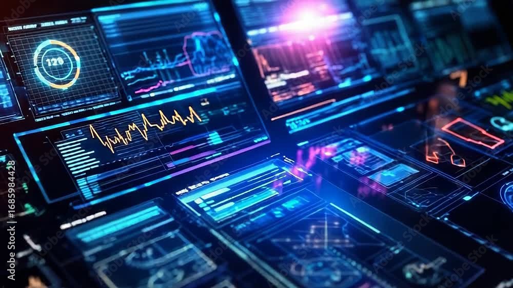 Poster futuristic interface displaying complex data analysis and charts