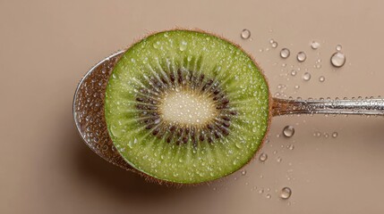 Half of a juicy kiwi fruit with water droplets on a spoon, close-up macro shot