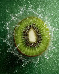 Fresh kiwi slice splashing into water, creating a vibrant and refreshing visual