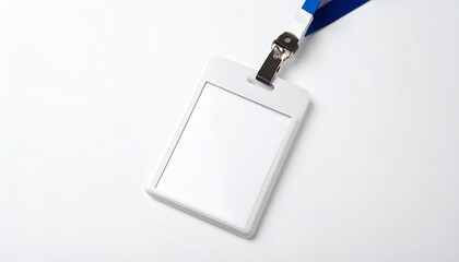Fototapeta premium Blank white ID card with blue lanyard on a white background.