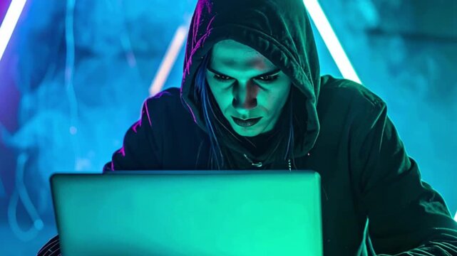 A young hacker intensely focused on breaching a computer system as the camera slowly zooms in, cinematic shot with dramatic lighting highlighting cyber-crime, coding and digital espionage
