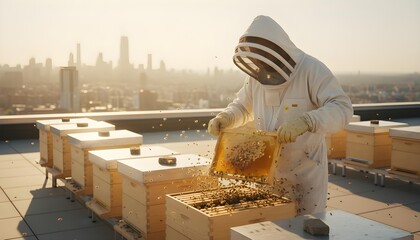 Beekeeper Managing Rooftop Beehives with City Skyline