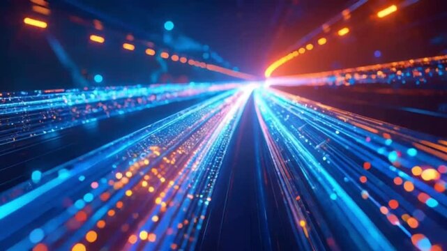Cinematic close up camera movement following the glowing flow of fiber optic cables on a digital data highway, showcasing futuristic technology, connectivity, and dramatic neon lighting atmosphere