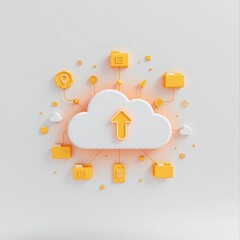 Cloud computing concept with a large white cloud icon connected to various yellow icons representing data storage sha and internet technology on a minimal background