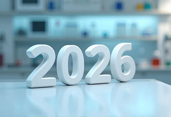 2026 numbers standing on glossy laboratory table with blurred lab equipment, background modern scientific concept of research brands and innovation promotions