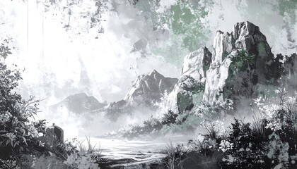 Misty mountain landscape, painted in grayscale and muted greens