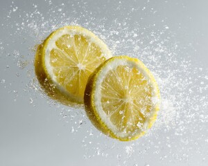 Fresh Lemon Slices Sprinkled with Sugar Crystals on a Light Background