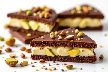 Close-up of three chocolate bars with creamy filling and sprinkled with pistachios on a white background, detailed view of layered desserts with nuts and smooth textures
