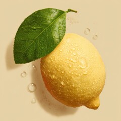 Fresh Lemon with Green Leaf and Water Droplets - Refreshing Citrus Fruit