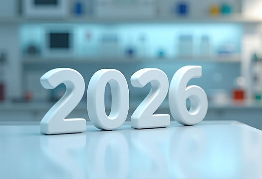 2026 numbers standing on glossy laboratory table with blurred lab equipment, background modern scientific concept of research brands and innovation promotions