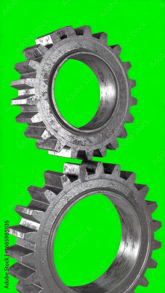 Poster two interlocking silver metallic gears rotating on green screen background, close up view showing de