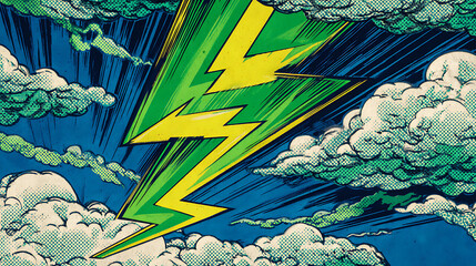 Vibrant lightning bolt striking through a dynamic sky filled with clouds, showcasing energy