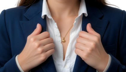 Closeup of businesswoman in navy suit with gold necklace isolated on transparent background