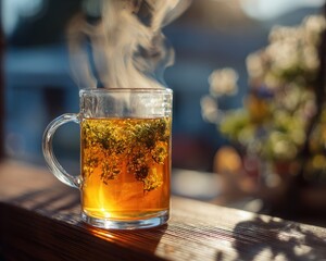 Hot steaming herbal tea in a clear glass mug with dried herbs and sunshine