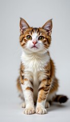 Adorable young domestic cat with striking orange and white fur, large alert eyes, upright ears, and a curious expression, sitting on a plain light gray background