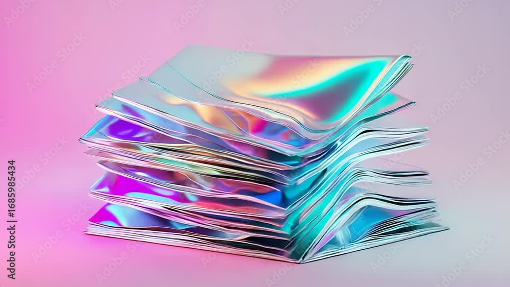 Poster Stack of iridescent sheets creating colorful reflections on pink background