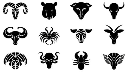 Set of Twelve Black Stylized Animal and Zodiac Icons.