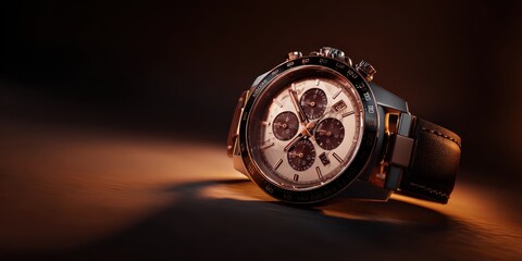 Luxury Chronograph Watch with Rose Gold Accents and Leather Strap
