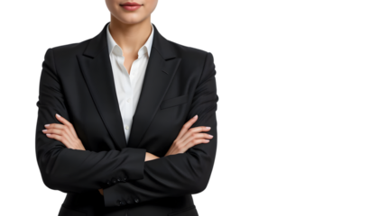 Confident businesswoman in a suit with arms crossed isolated on transparent background