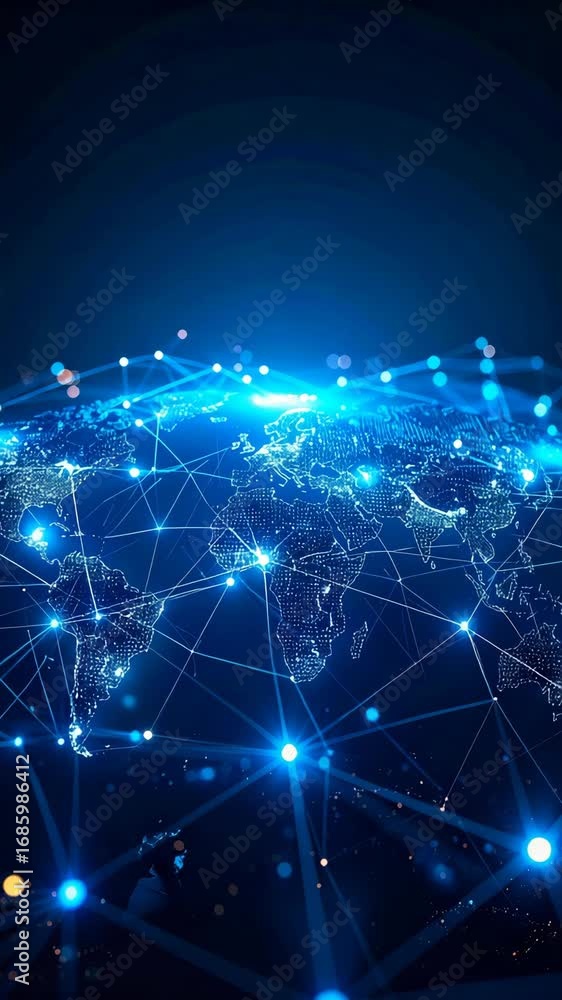 Poster digital world network: abstract representation of global connectivity with illuminated map, nodes, a