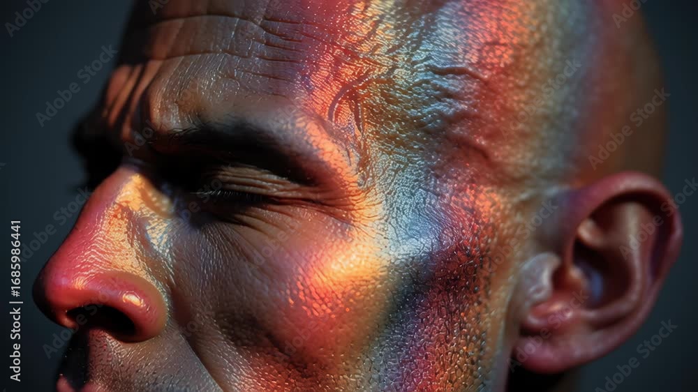 Poster man with colorful light reflections on face in studio setting