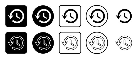 Icon set of time back symbol. Filled, outline, black and white icons set, flat style.  Illustration on transparent background