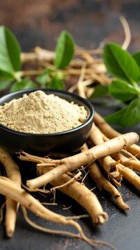 Close-up view of fingerroot powder, roots, and leaves on a dark surface in dim light for culinary usage
