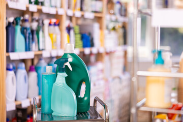 Assortment of toilet, kitchen and window cleaning products in the household goods department of a supermarket