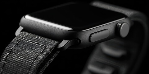 Close up view of a modern black smart watch with fabric band