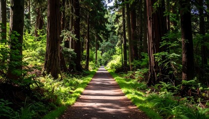 Obraz premium Sun-dappled path through lush forest