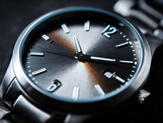 Close-up of a luxury wristwatch with a brushed metal dial and metallic hands
