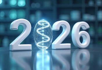 2026 numbers with glowing dna double helix sphere on futuristic laboratory background. Biotech concept of research brands and science promotions